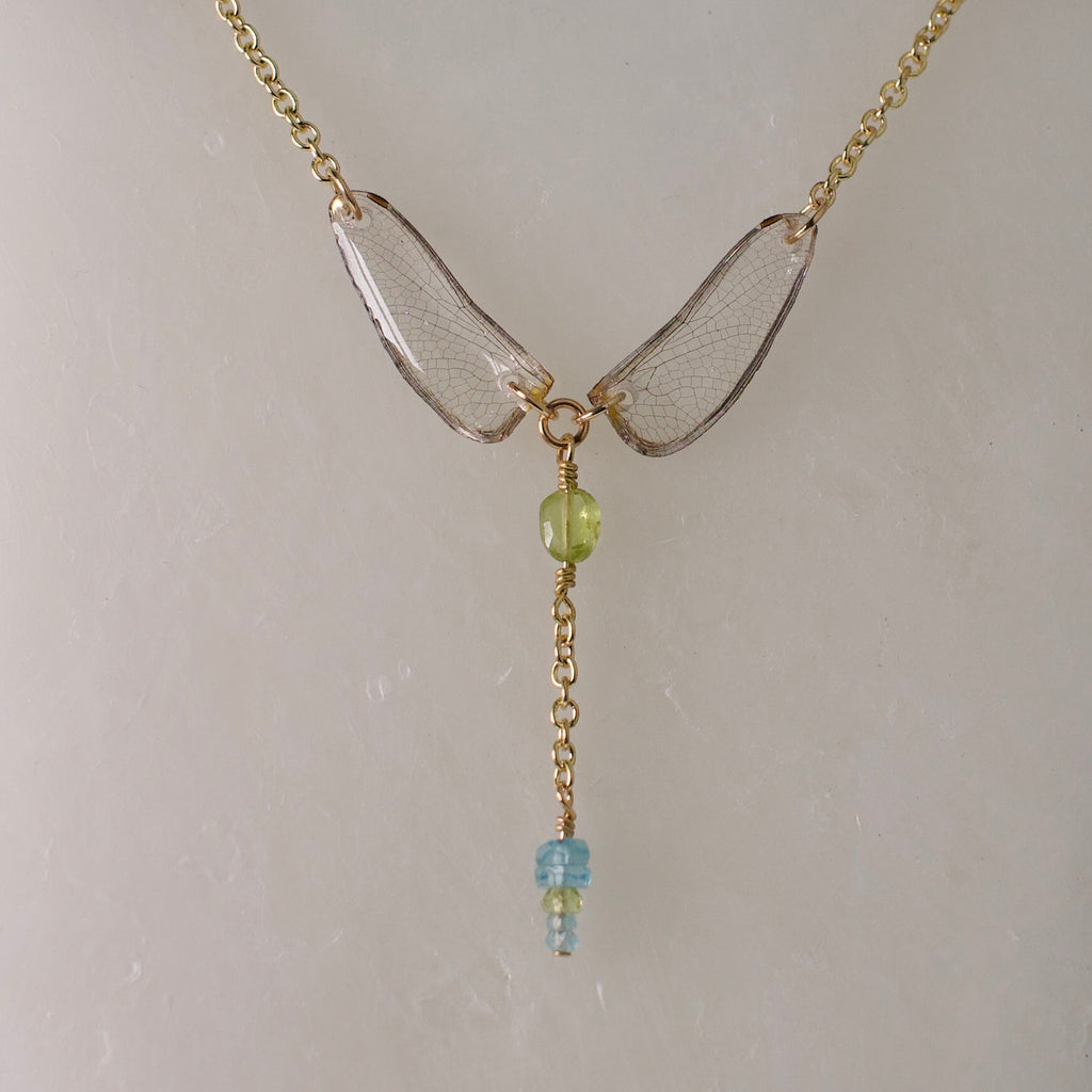 real dragonfly wing necklace jade club tail dragonflies peridot sapphire blue topaz gold necklace close up