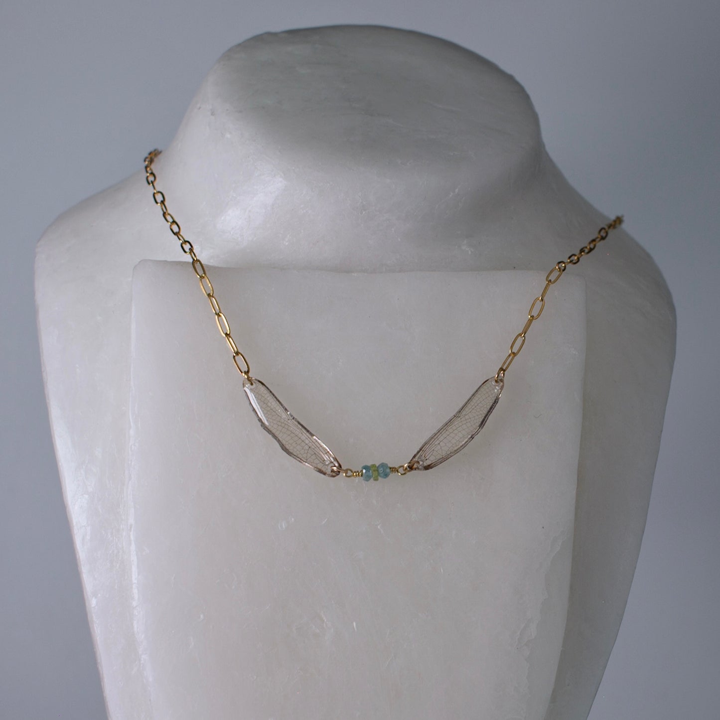 real dragonfly wing necklace peridot zircon gold paperclip chain on wax form