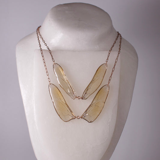real dragonfly wing necklace set of two brown hawker dragonflies rose gold chain on mannequin