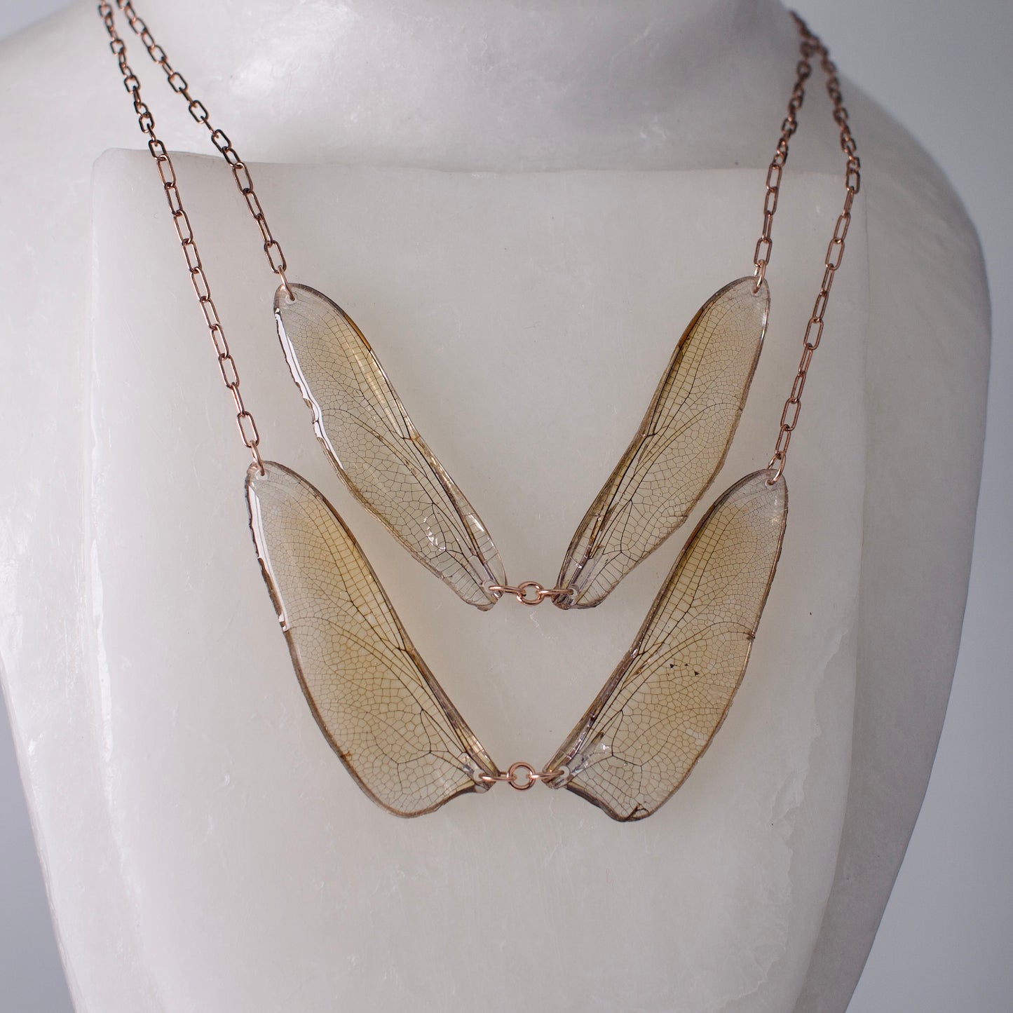 real dragonfly wing necklace set of two brown hawker dragonflies rose gold chain close up on wax form