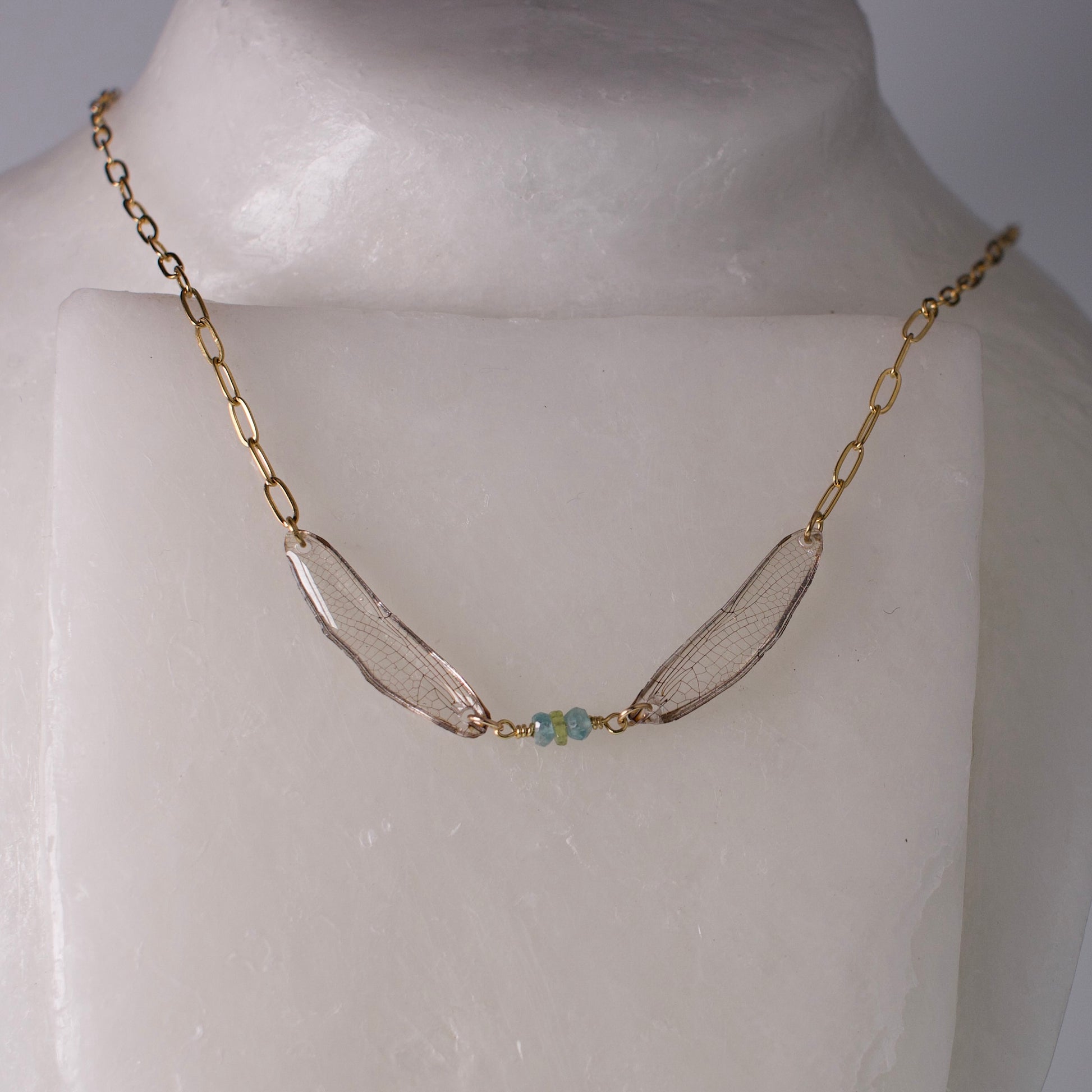 real dragonfly wing necklace zircon sapphire gold on wax form