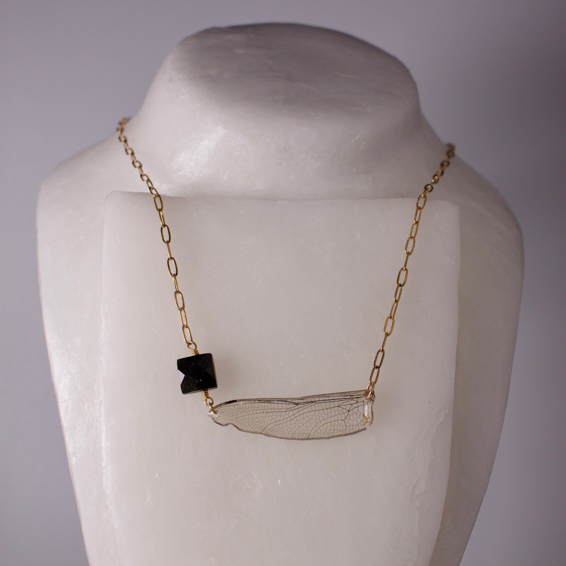 real dragonfly wing pendant green darner dragonflies gold sheen obsidian gold paperclip chain necklace on neck form