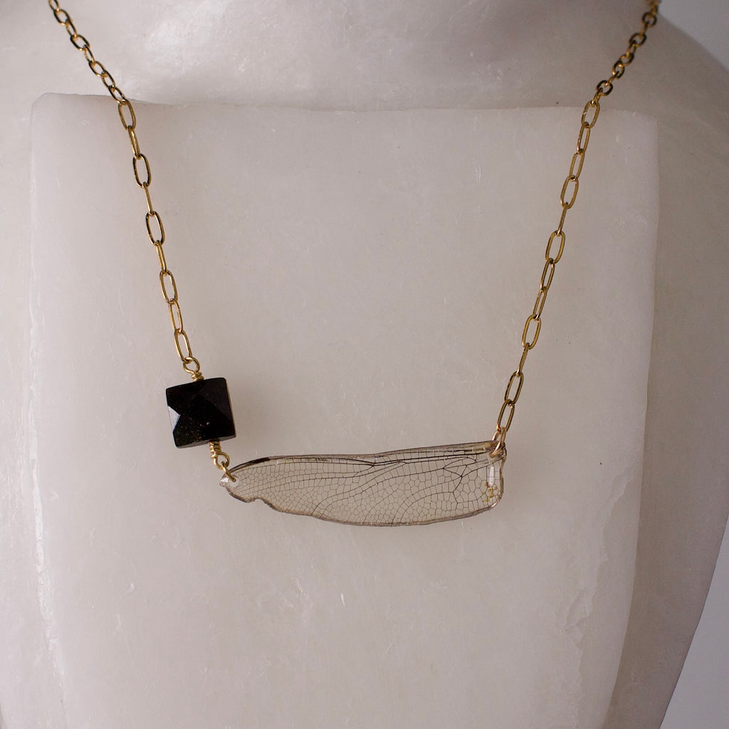 real dragonfly wing pendant green darner dragonflies square faceted gold sheen obsidian gold necklace  on wax