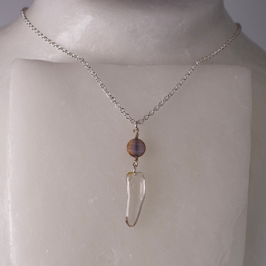 real dragonfly wing pendant jade club tail dragonflies Czech glass silver chain necklace on mannequin