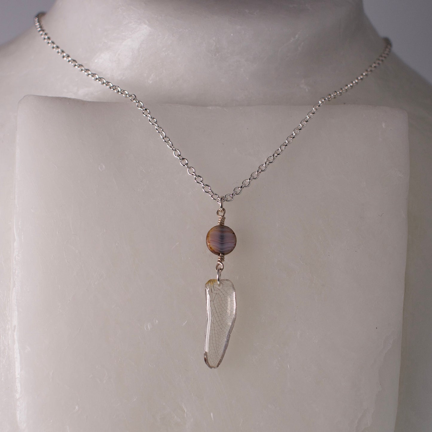 real dragonfly wing pendant jade club tail dragonflies Czech glass silver chain necklace on mannequin