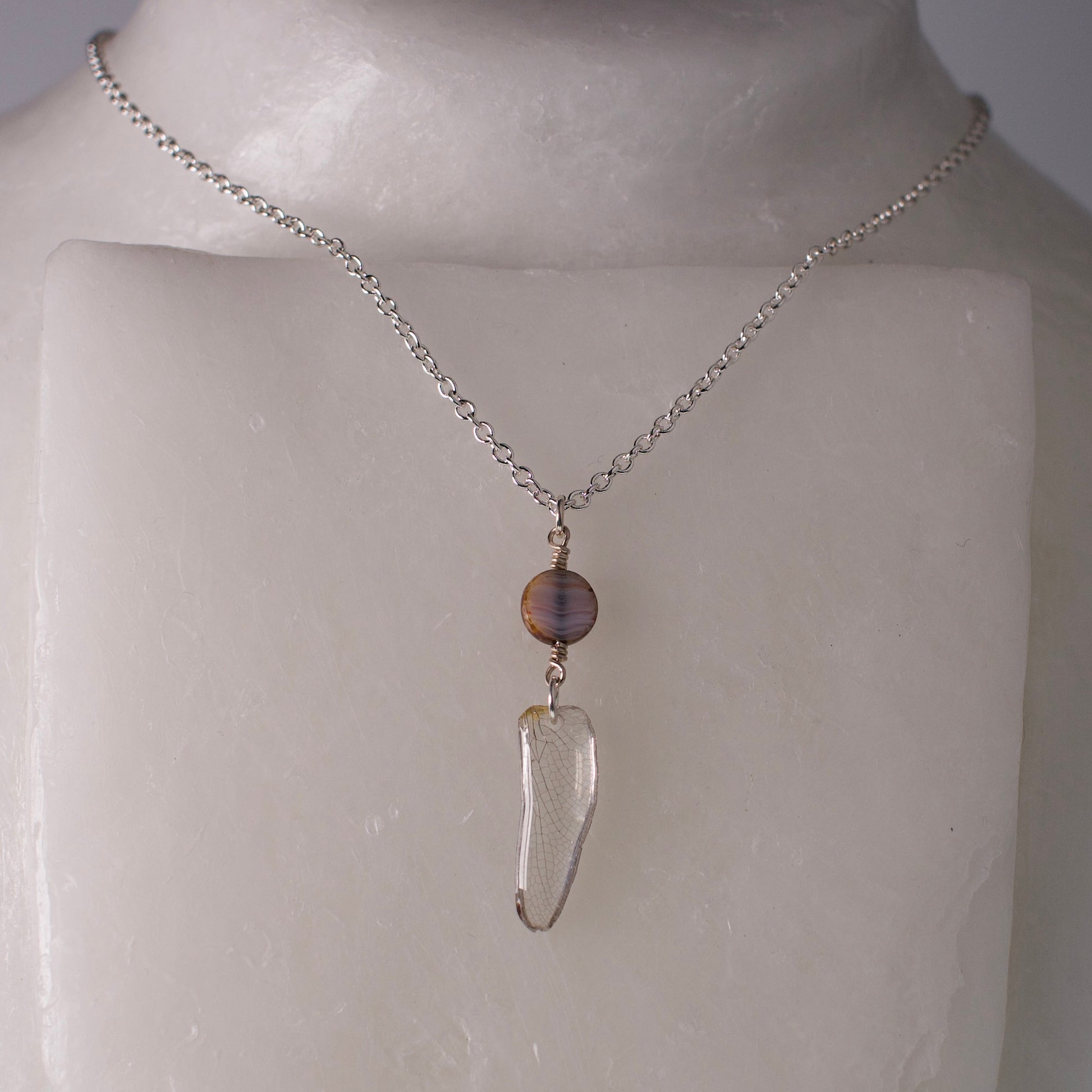 real dragonfly wing pendant jade club tail dragonflies Czech glass silver chain necklace on mannequin