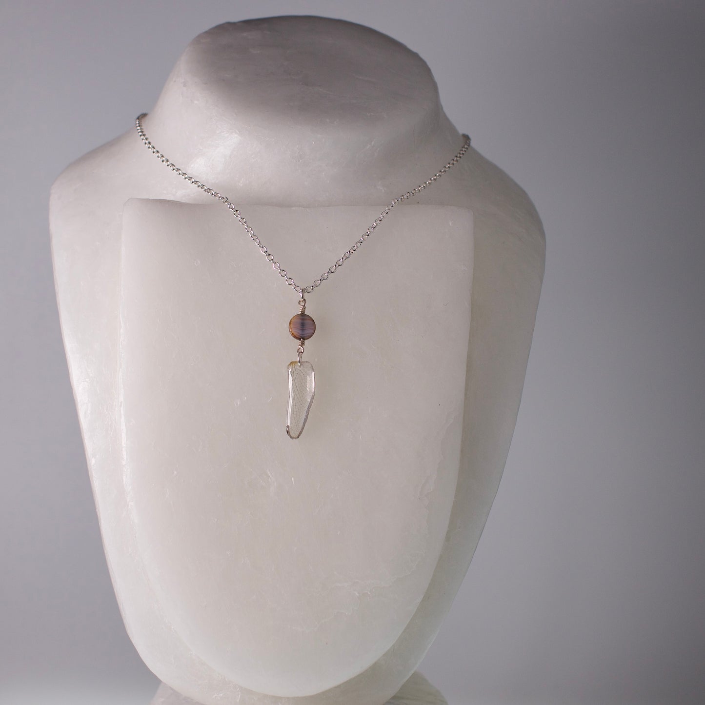 real dragonfly wing pendant jade dragonflies Czech glass silver chain necklace on wax mannequin
