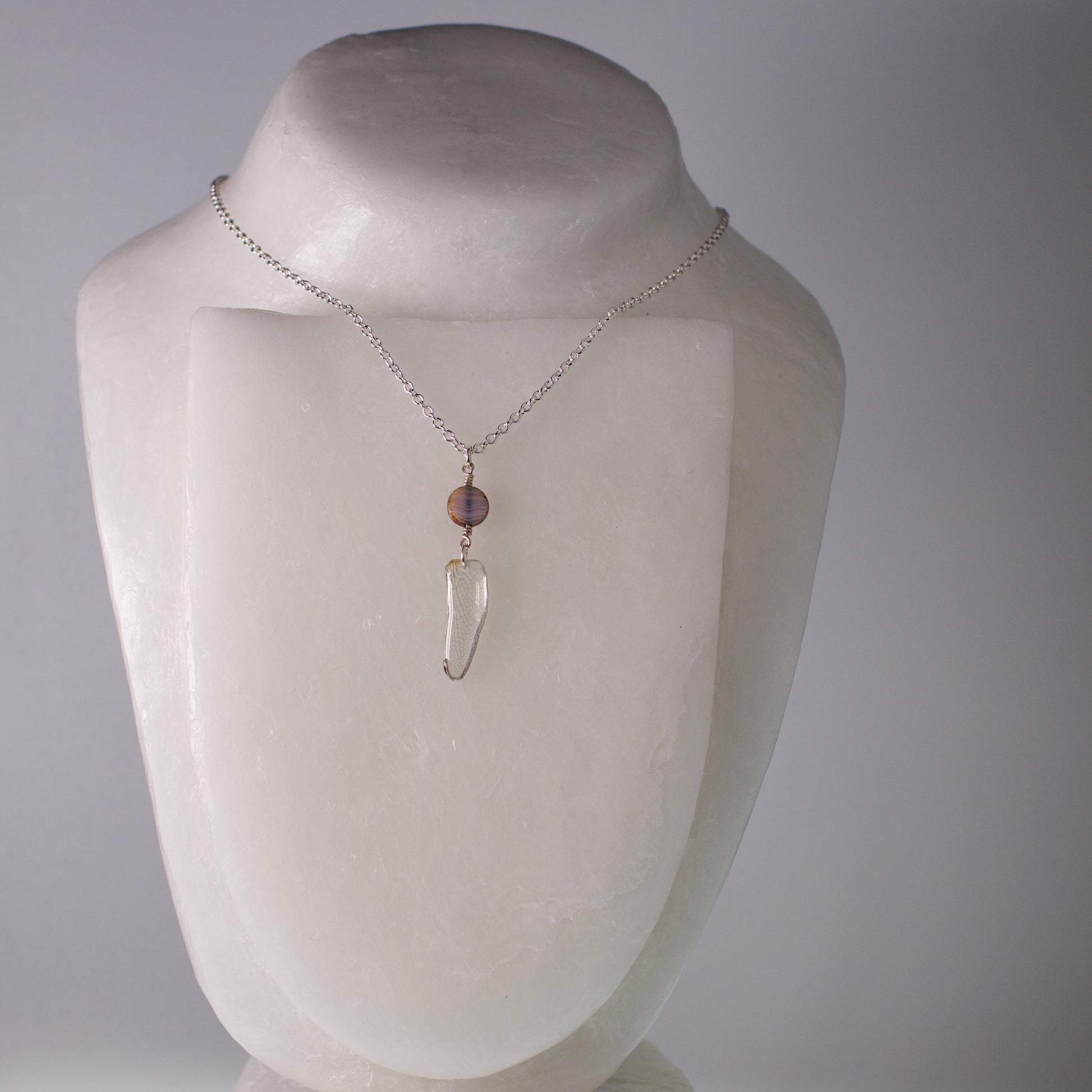 real dragonfly wing pendant jade dragonflies Czech glass silver chain necklace on wax mannequin