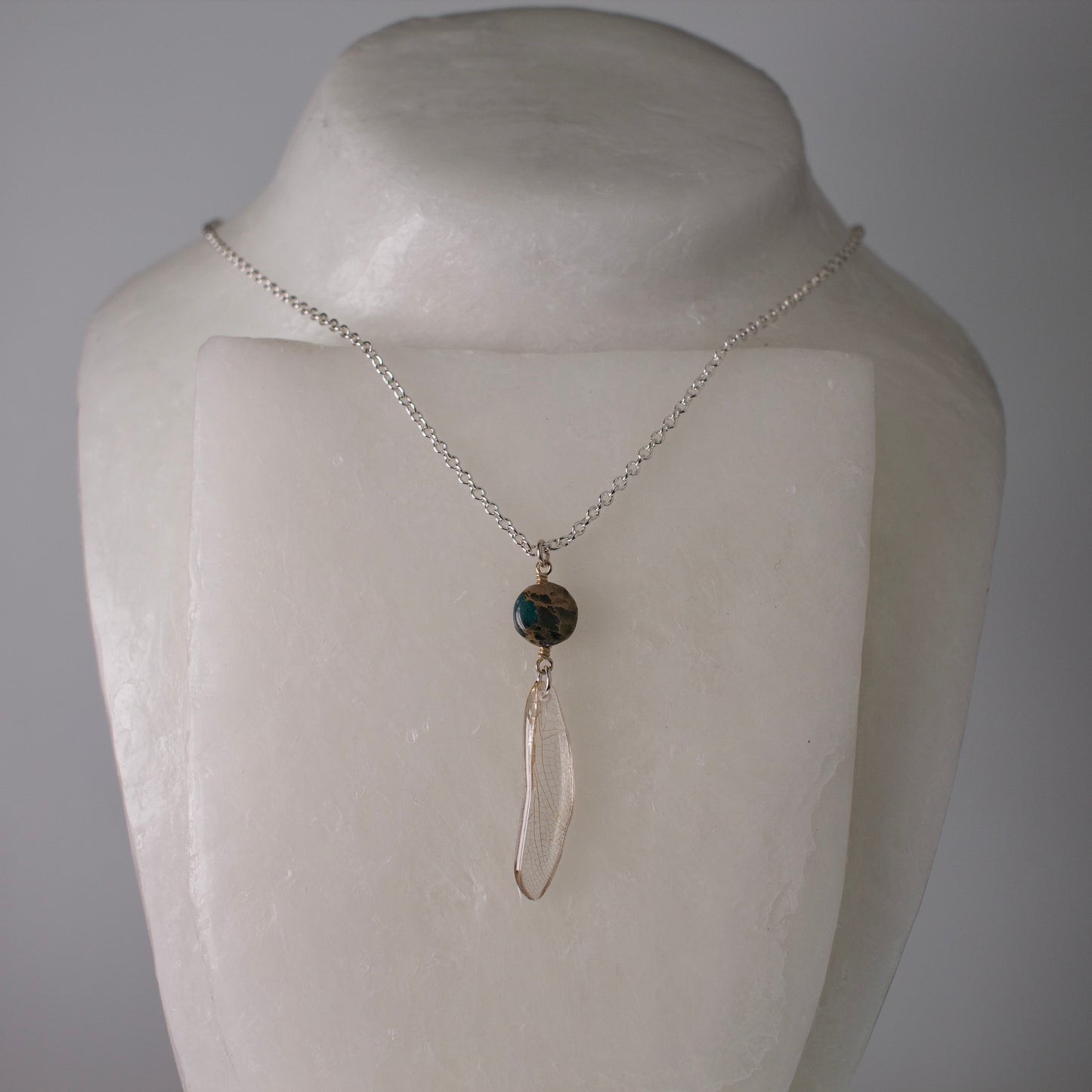 real dragonfly wing pendant silver necklace ocean jasper bead wax form