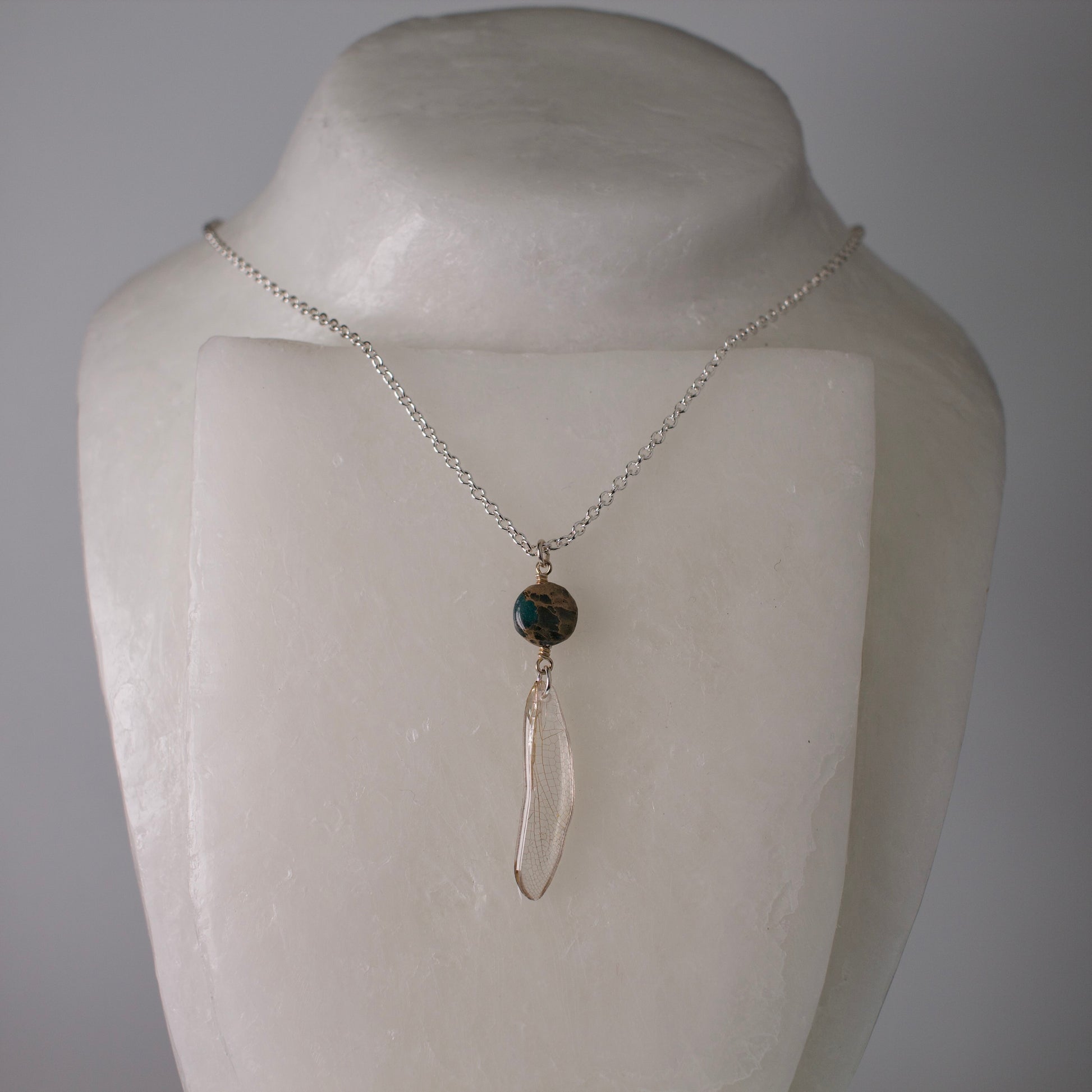 real dragonfly wing pendant silver necklace ocean jasper bead wax form