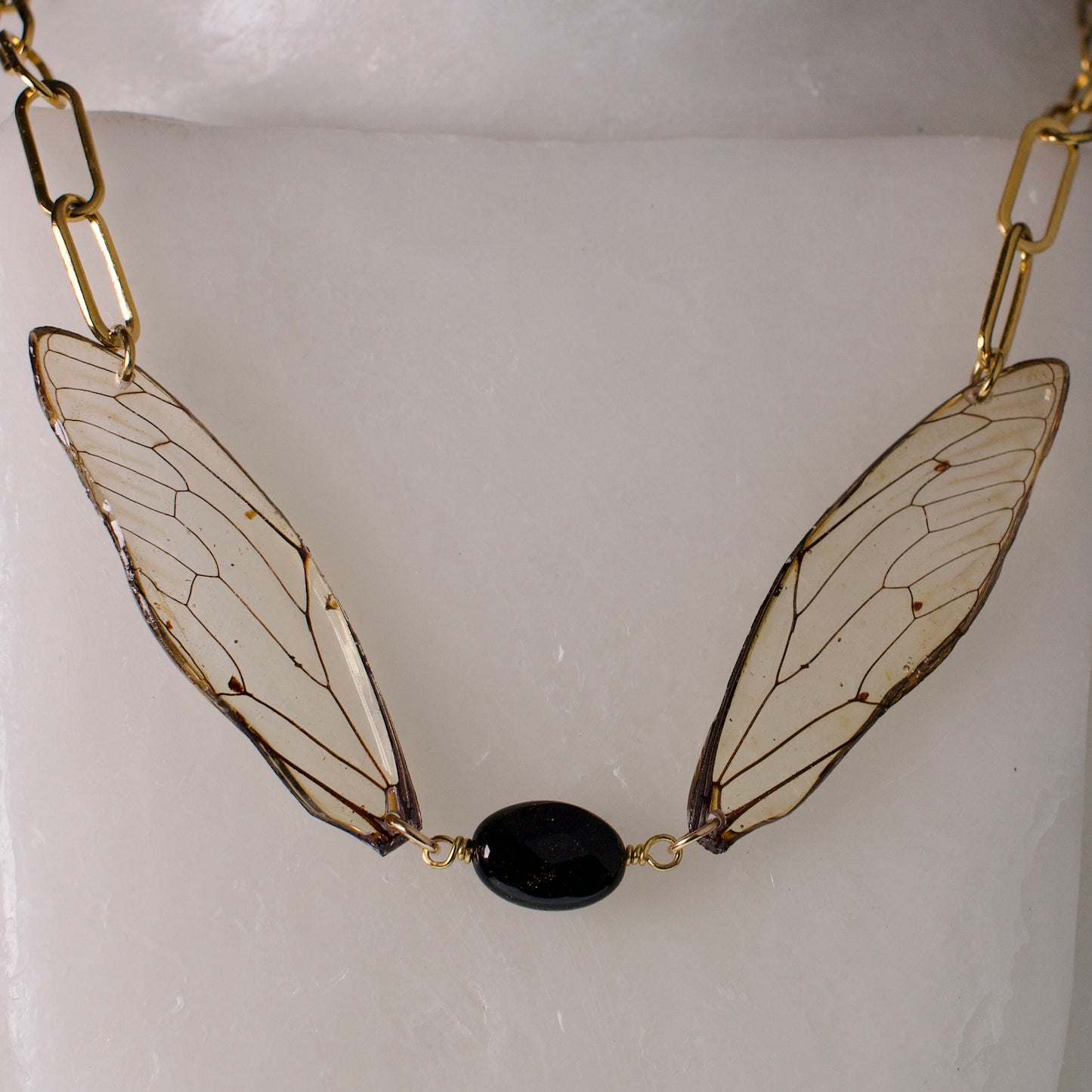 real giant cicada wing necklace gold sheen obsidian 18K gold on steel paperclip chain necklace