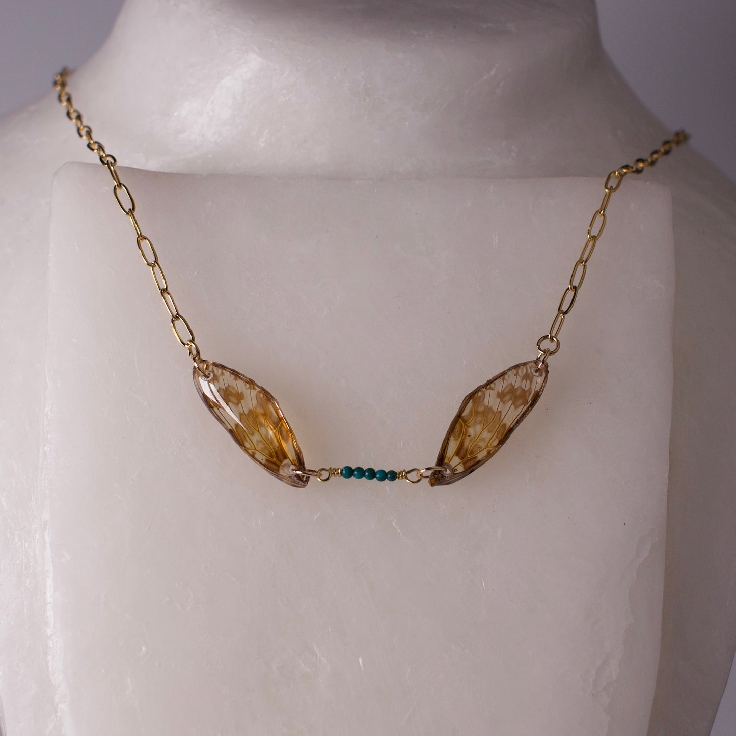 real leaf hopper necklace Northwestern Leafhopper green turquoise gold paper clip chain on form