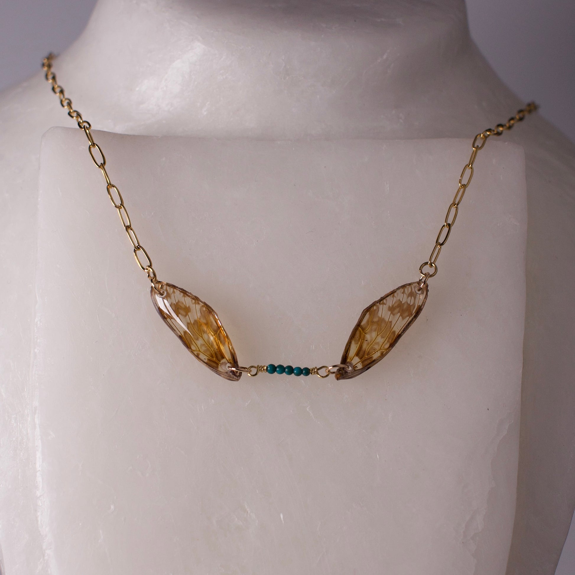 real leaf hopper necklace Northwestern Leafhopper green turquoise gold paper clip chain on form