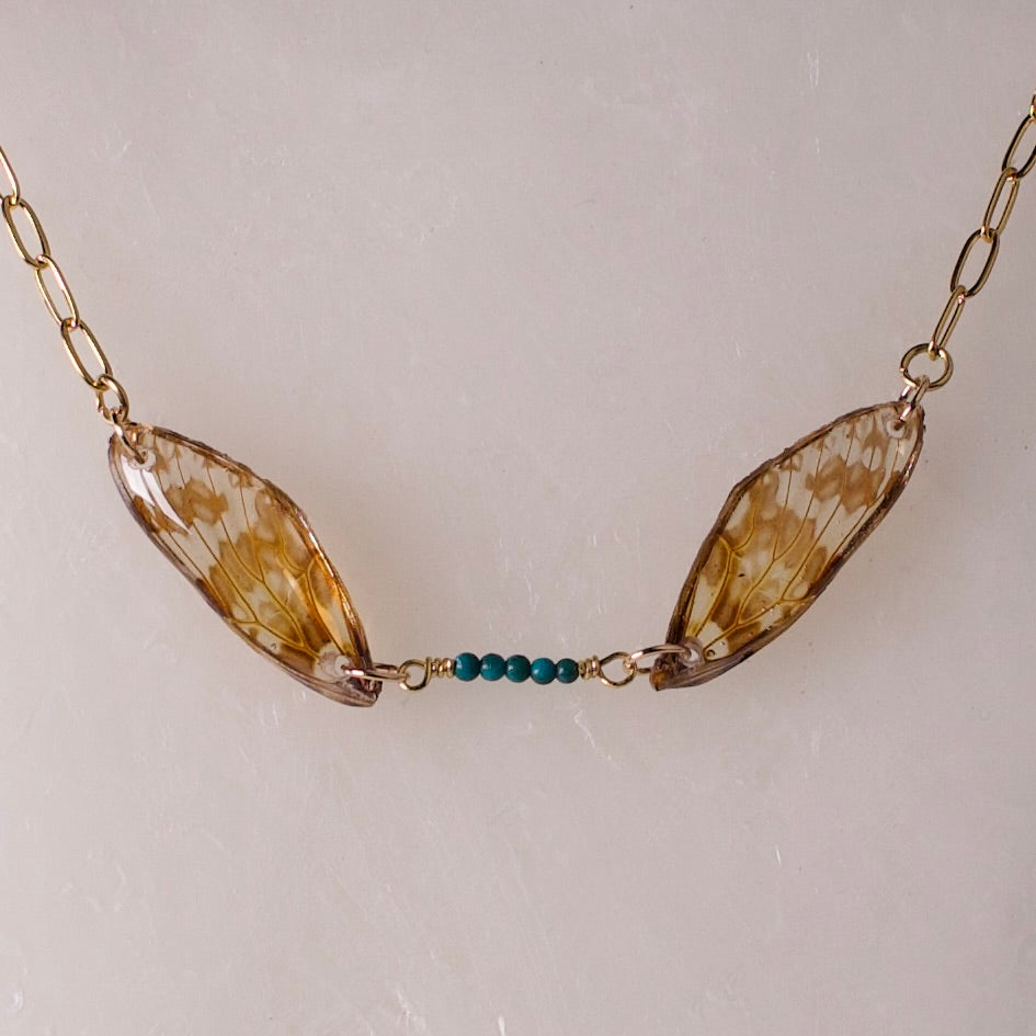 real leaf hopper necklace Northwestern Leafhopper green turquoise gold paper clip chain close up