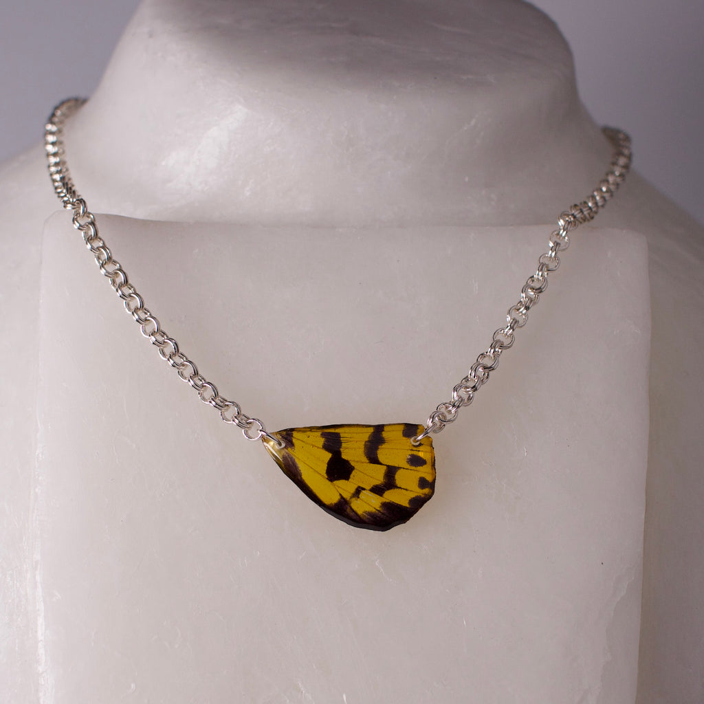 real moth wing necklace yellow black false tiger moths silver double link chain on wax form