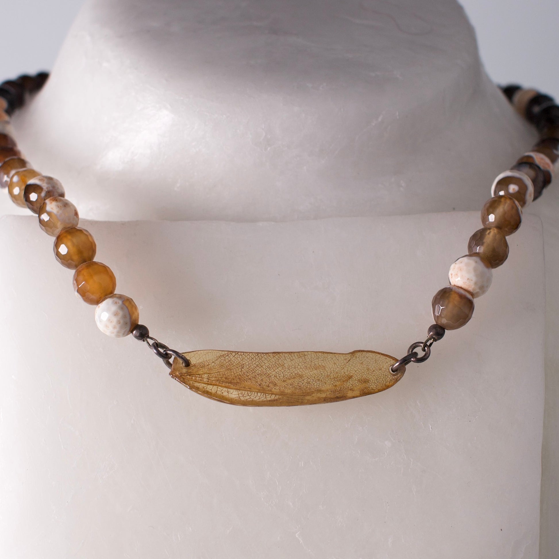real praying mantis wing pendant sterling silver faceted agate strand necklace on wax form