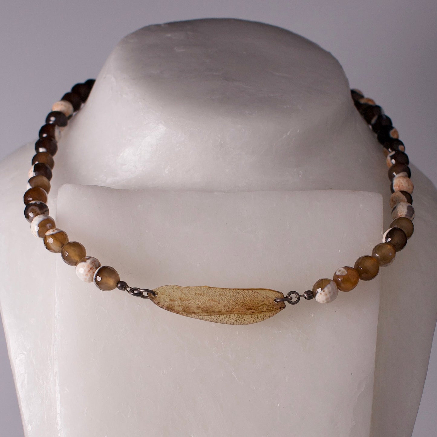 real praying mantis wing pendant sterling silver agate beaded necklace on mannequin