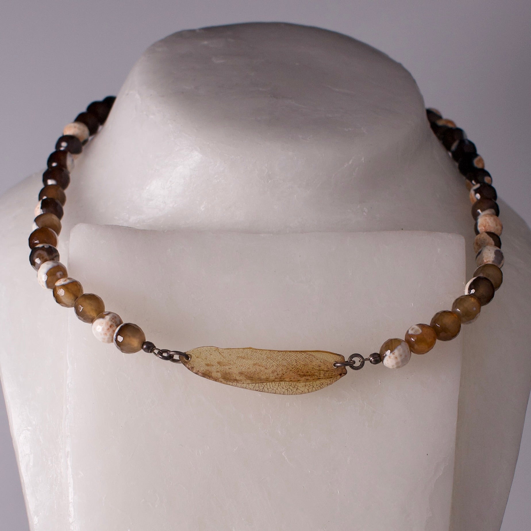 real praying mantis wing pendant sterling silver agate beaded necklace on mannequin