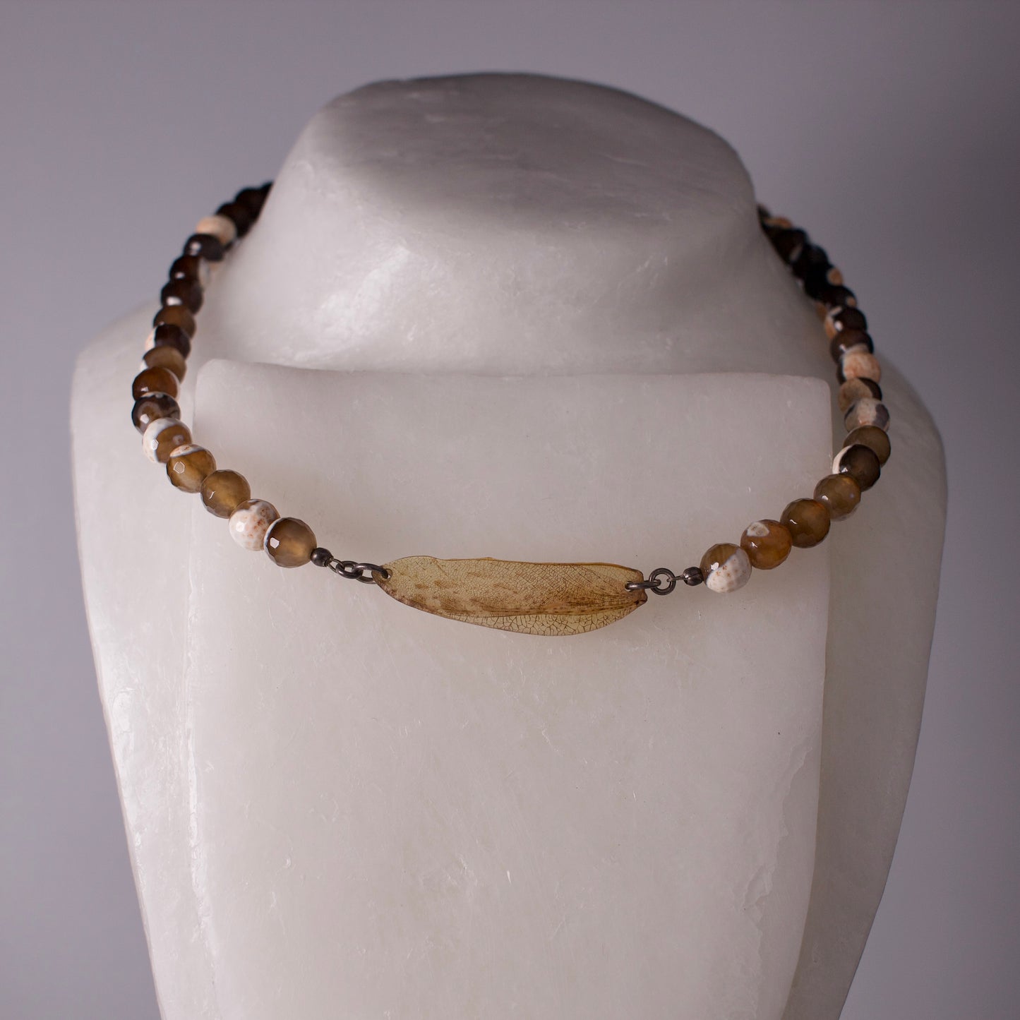 real praying mantis wing pendant sterling silver agate beaded necklace on wax form