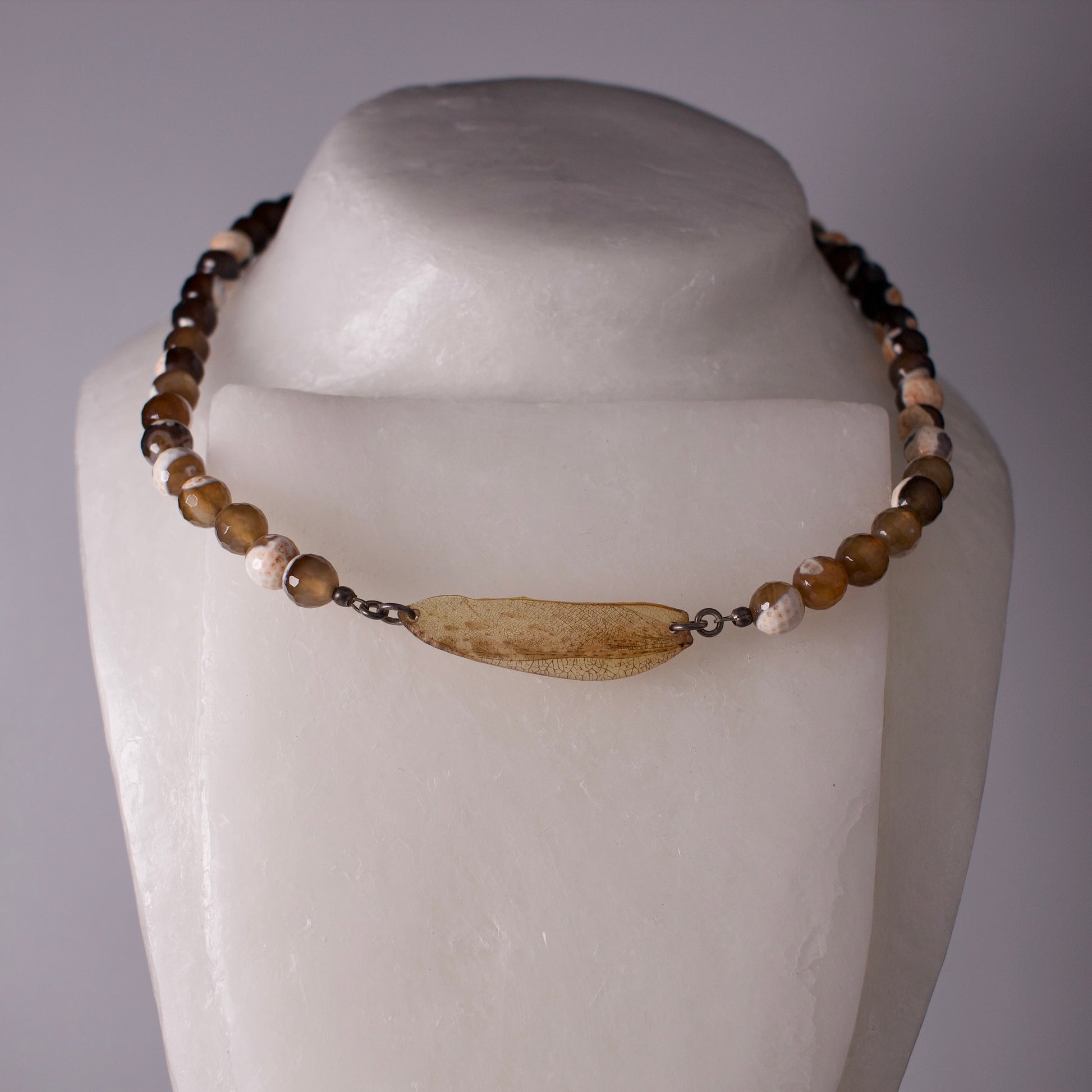 real praying mantis wing pendant sterling silver agate beaded necklace on wax form