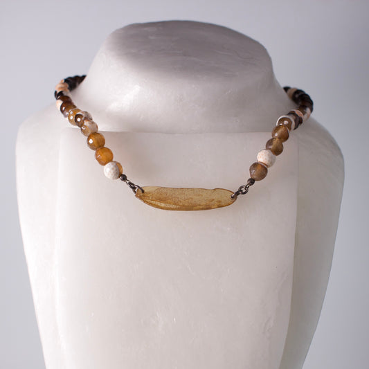 real praying mantis wing pendant sterling silver agate strand necklace on mannequin