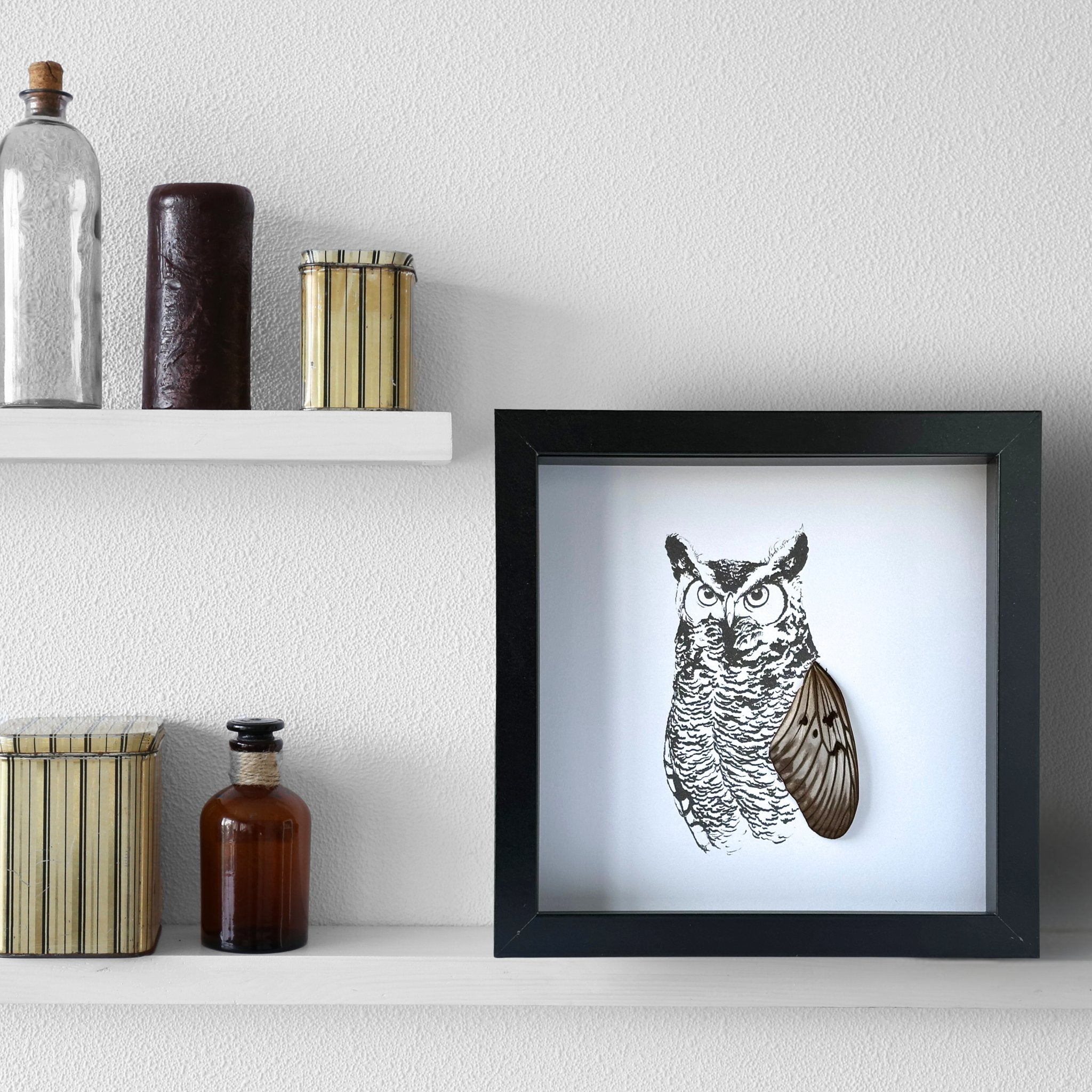 Realistic Horned Owl Framed Art with Real Butterfly Wings - Isms Butterfly Conservation ArtFramed Art