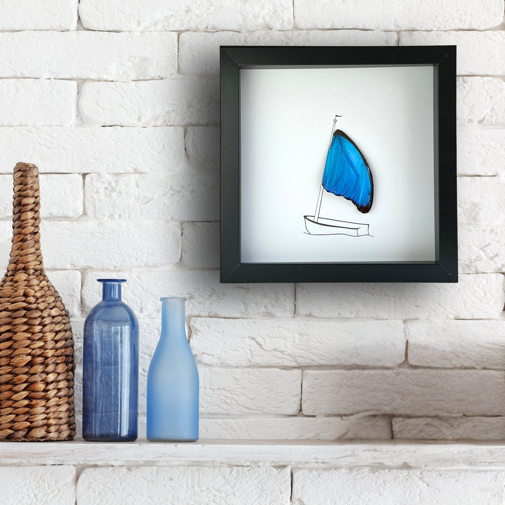 Sailboat Framed Boat Art with Real Butterfly Wings - Isms Butterfly Conservation Art