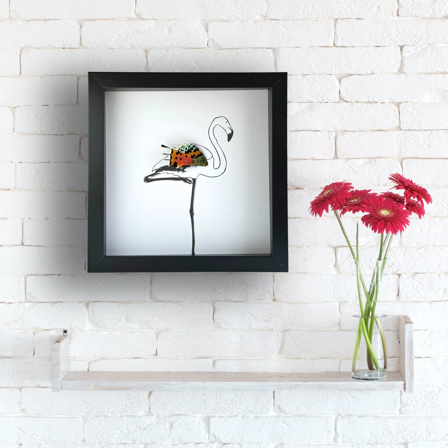 Single Flamingo Standing Framed Art with Real Butterfly Wing - Isms Butterfly Conservation ArtFramed Art