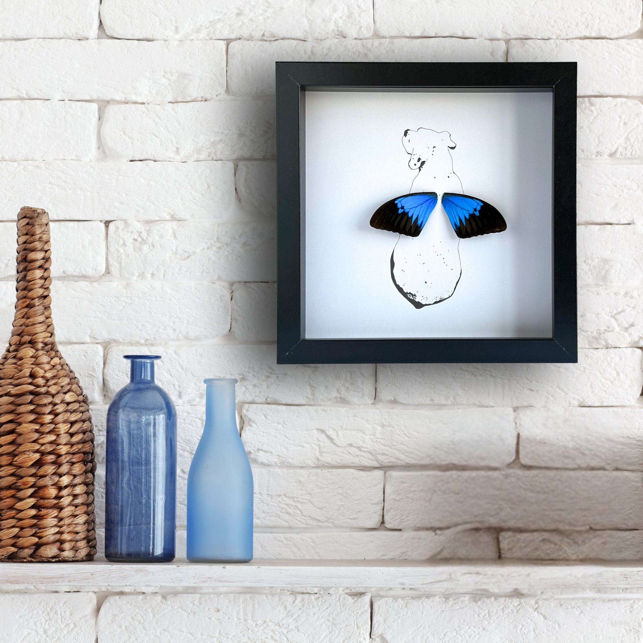 Sitting Dog Framed Boxer Art with Real Butterfly Wings - Isms Butterfly Conservation ArtFramed Art