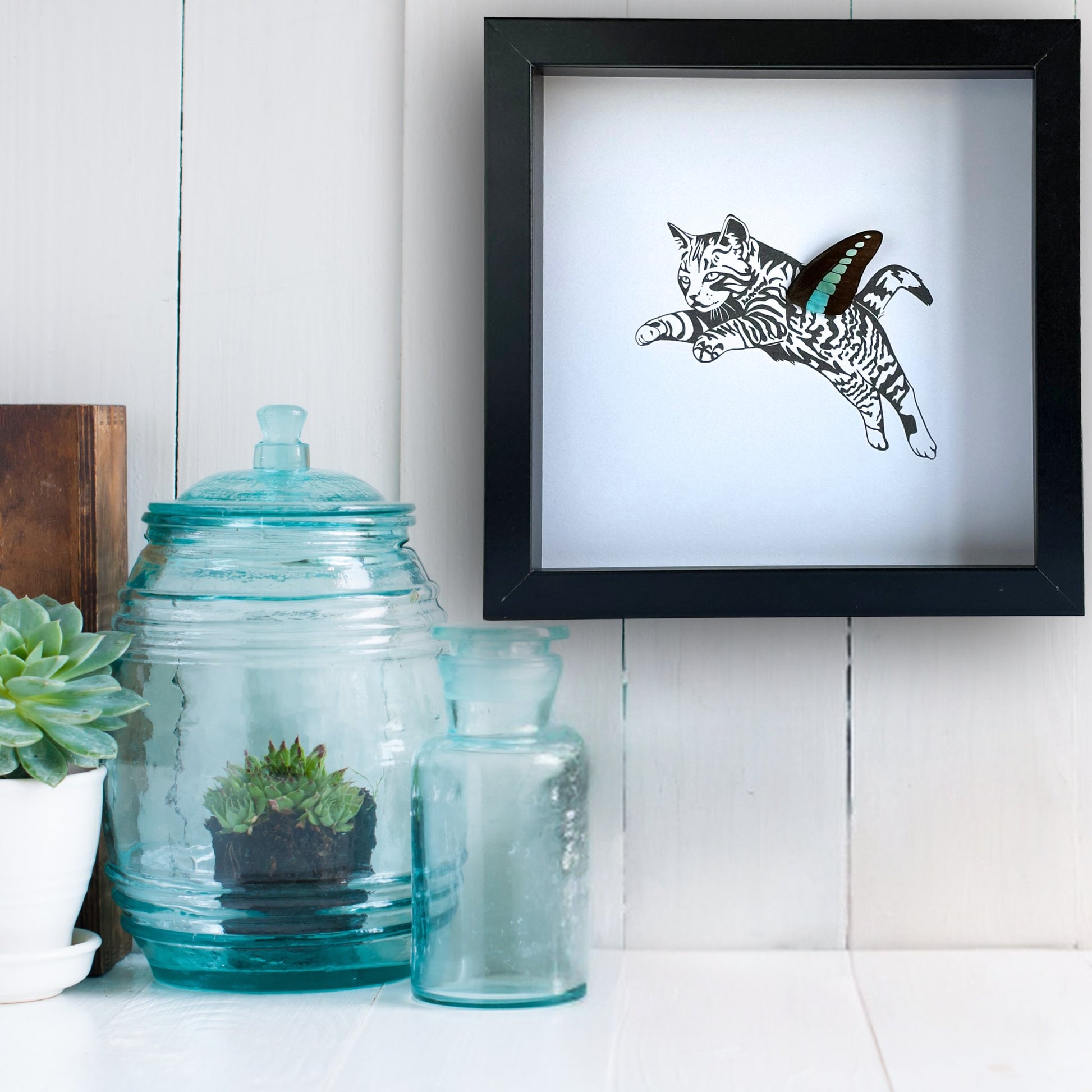 Tabby Cat Framed Art with Real Butterfly Wing - Isms Butterfly Conservation ArtFramed Art