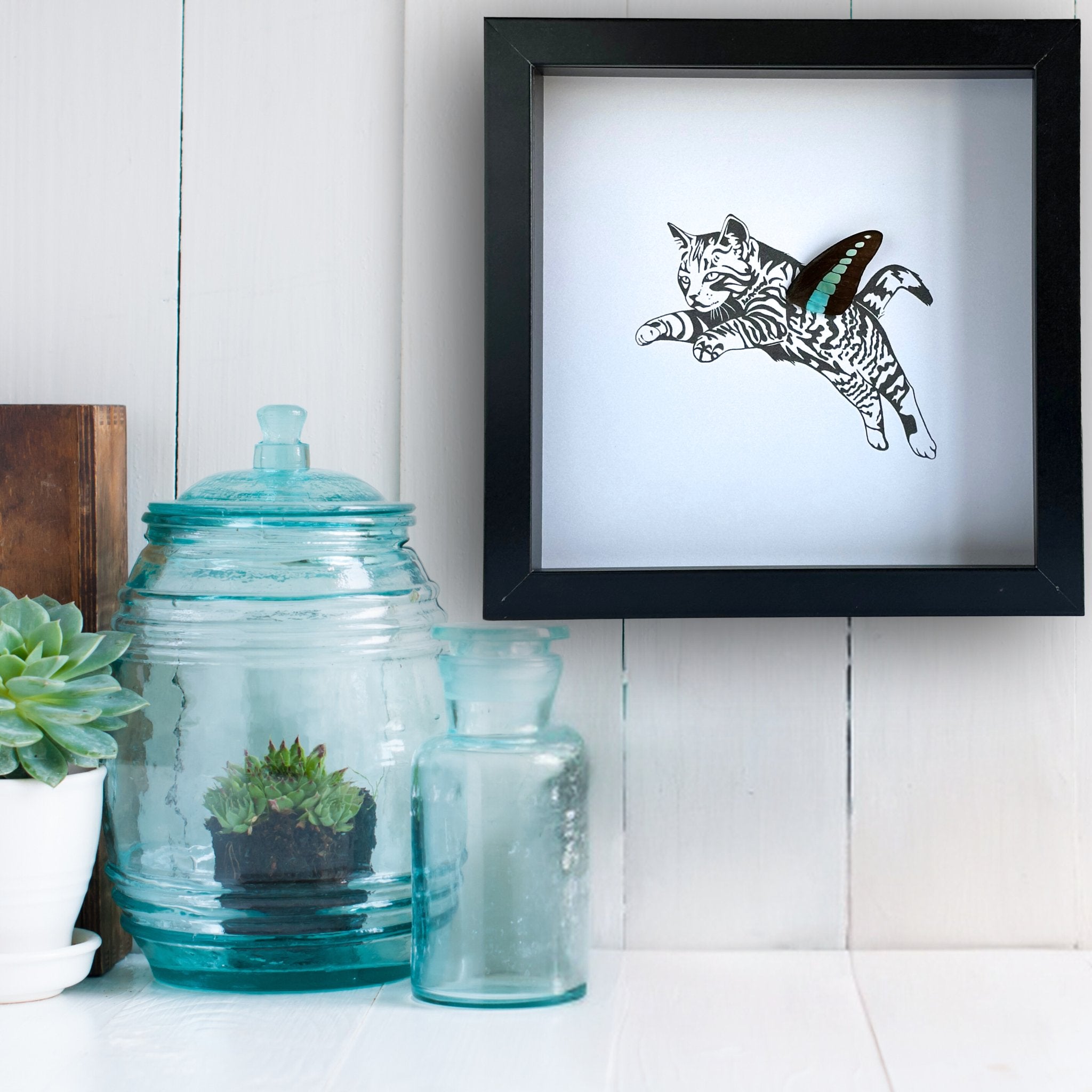 Tabby Cat Framed Art with Real Butterfly Wing - Isms Butterfly Conservation ArtFramed Art