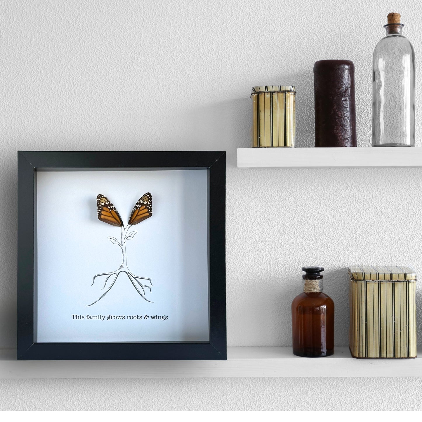 This Family Grows Roots and Wings Framed Art with Real Butterfly Wings - Isms Butterfly Conservation ArtFramed Art