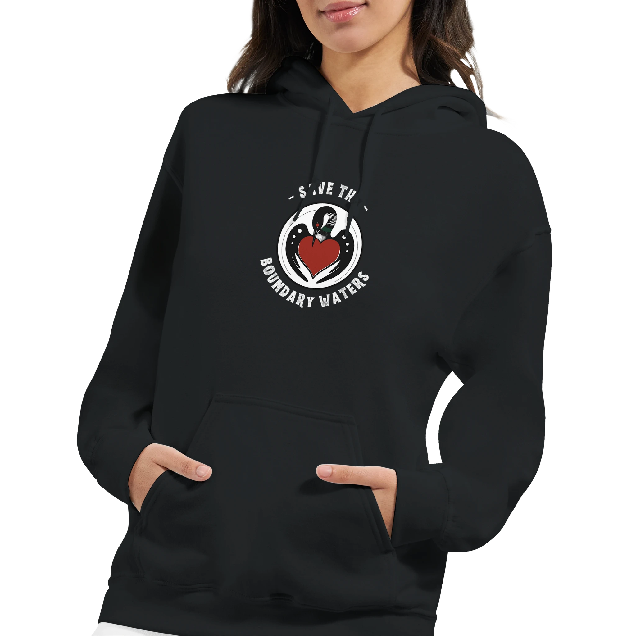 unisex-sweatshirt-minnesota-loon-save-the-boundary-waters-black-female-model