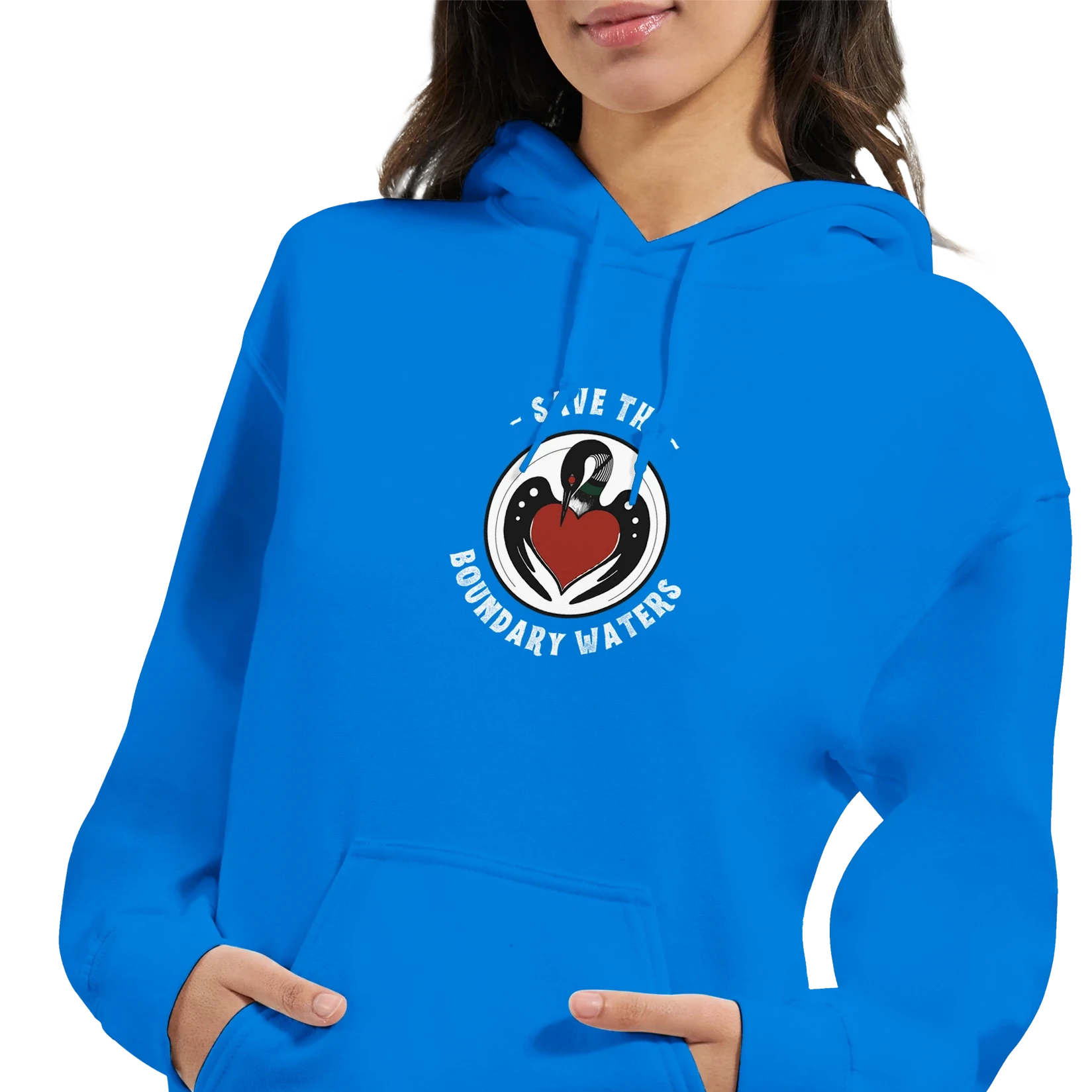unisex-sweatshirt-minnesota-loon-save-the-boundary-waters-blue-female-model- hands-in-front-pocket