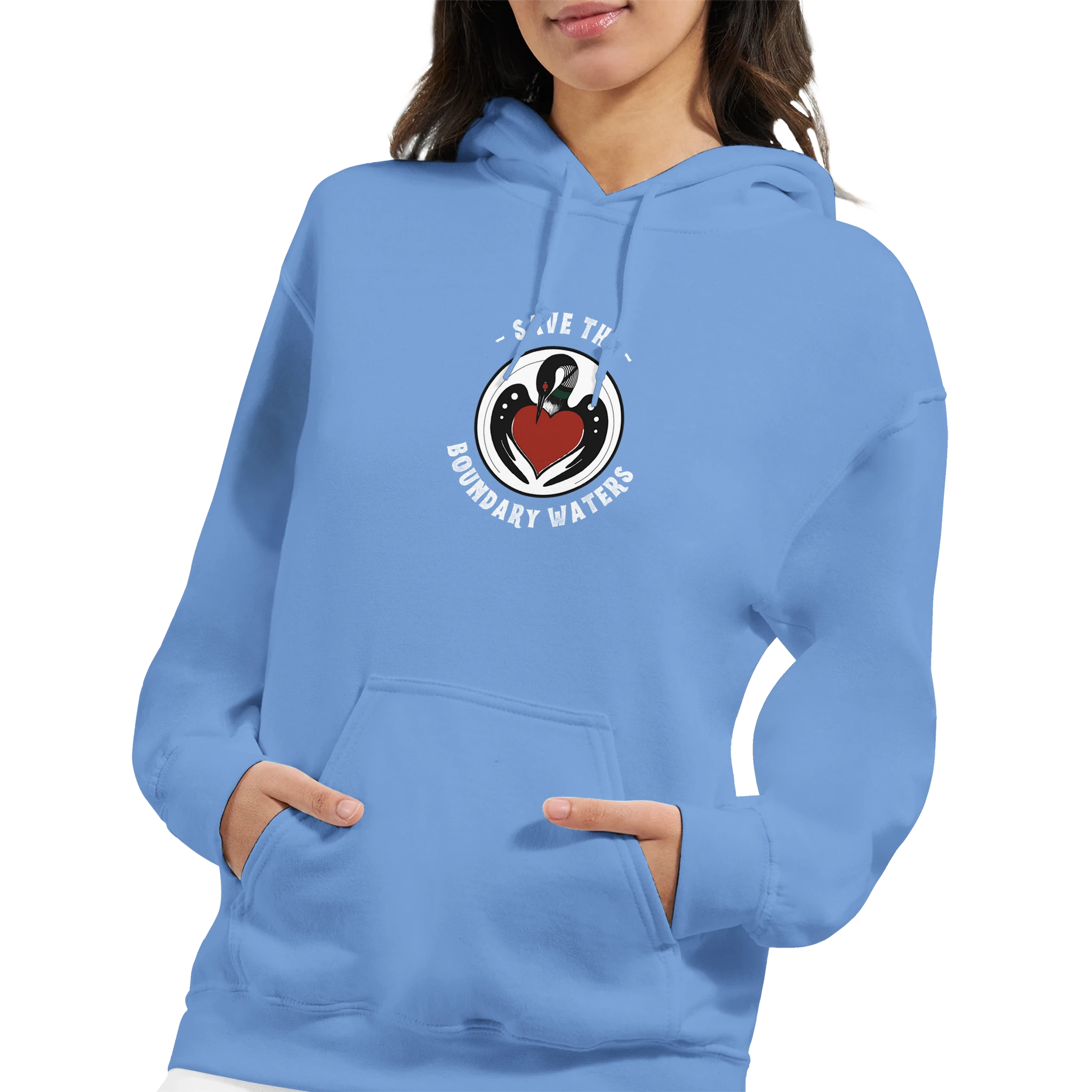 unisex-sweatshirt-minnesota-loon-save-the-boundary-waters-light-blue-female-model-hands-in-front-pocket