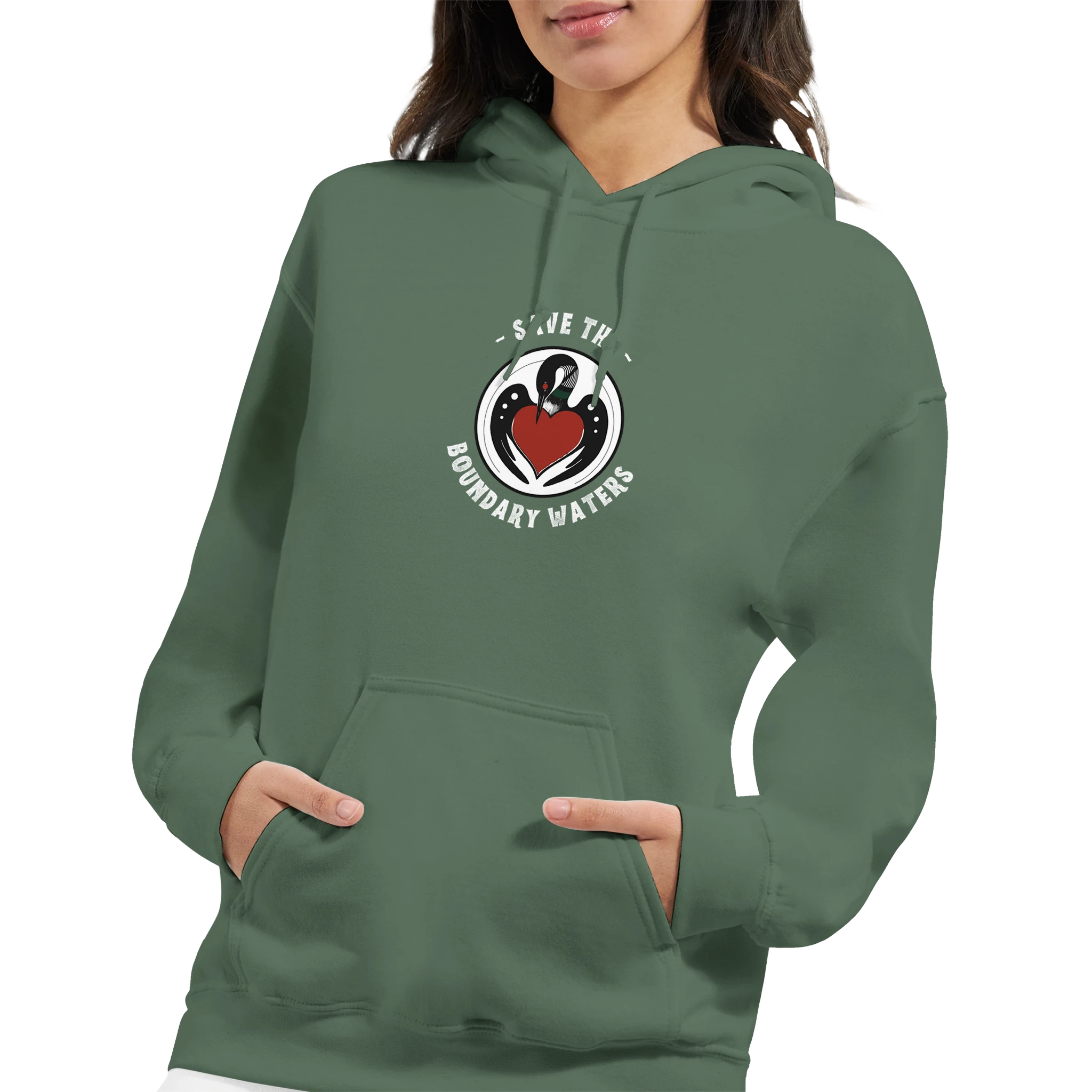 unisex-sweatshirt-minnesota-loon-save-the-boundary-waters-military-green-female-model