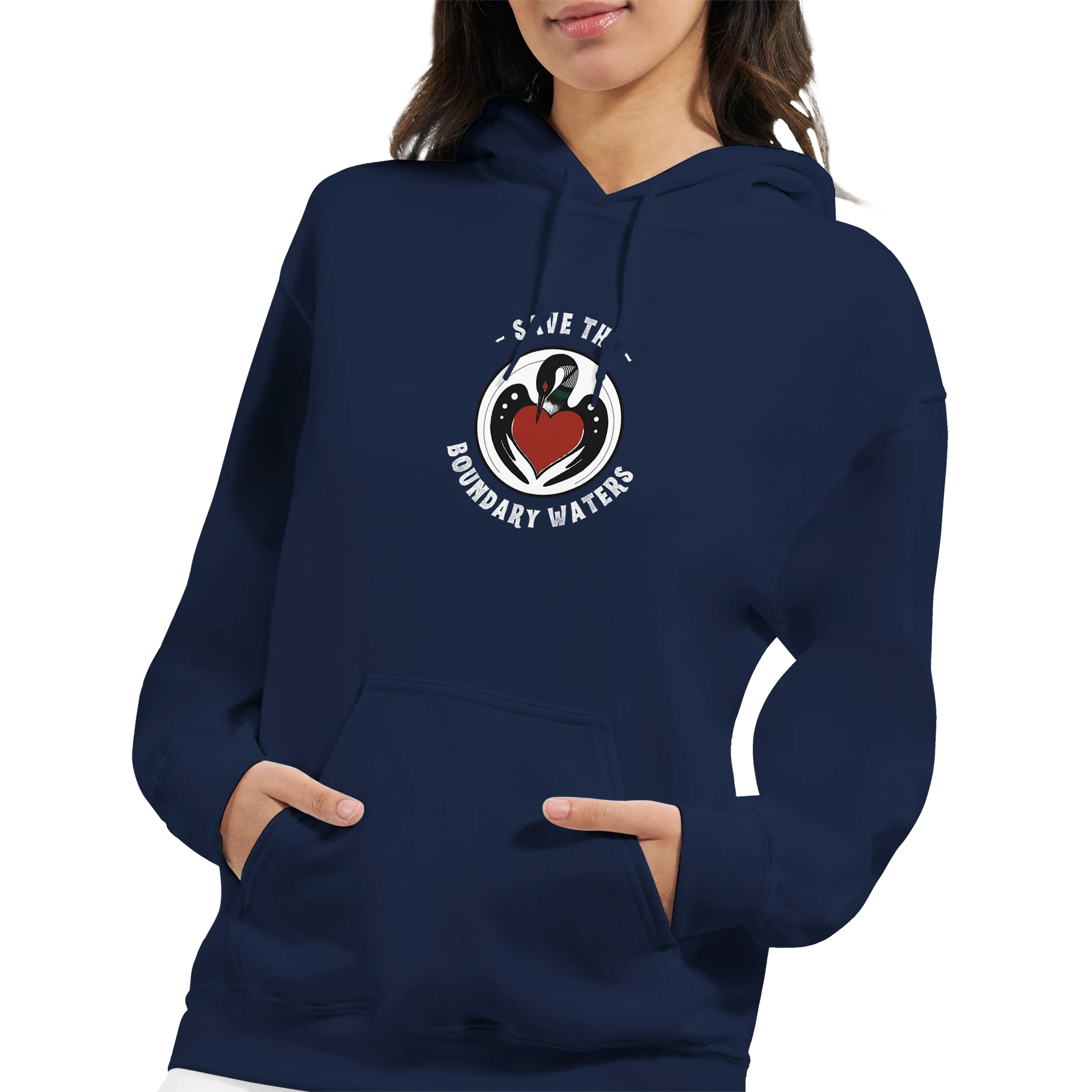unisex-sweatshirt-minnesota-loon-save-the-boundary-waters-navy-female-model