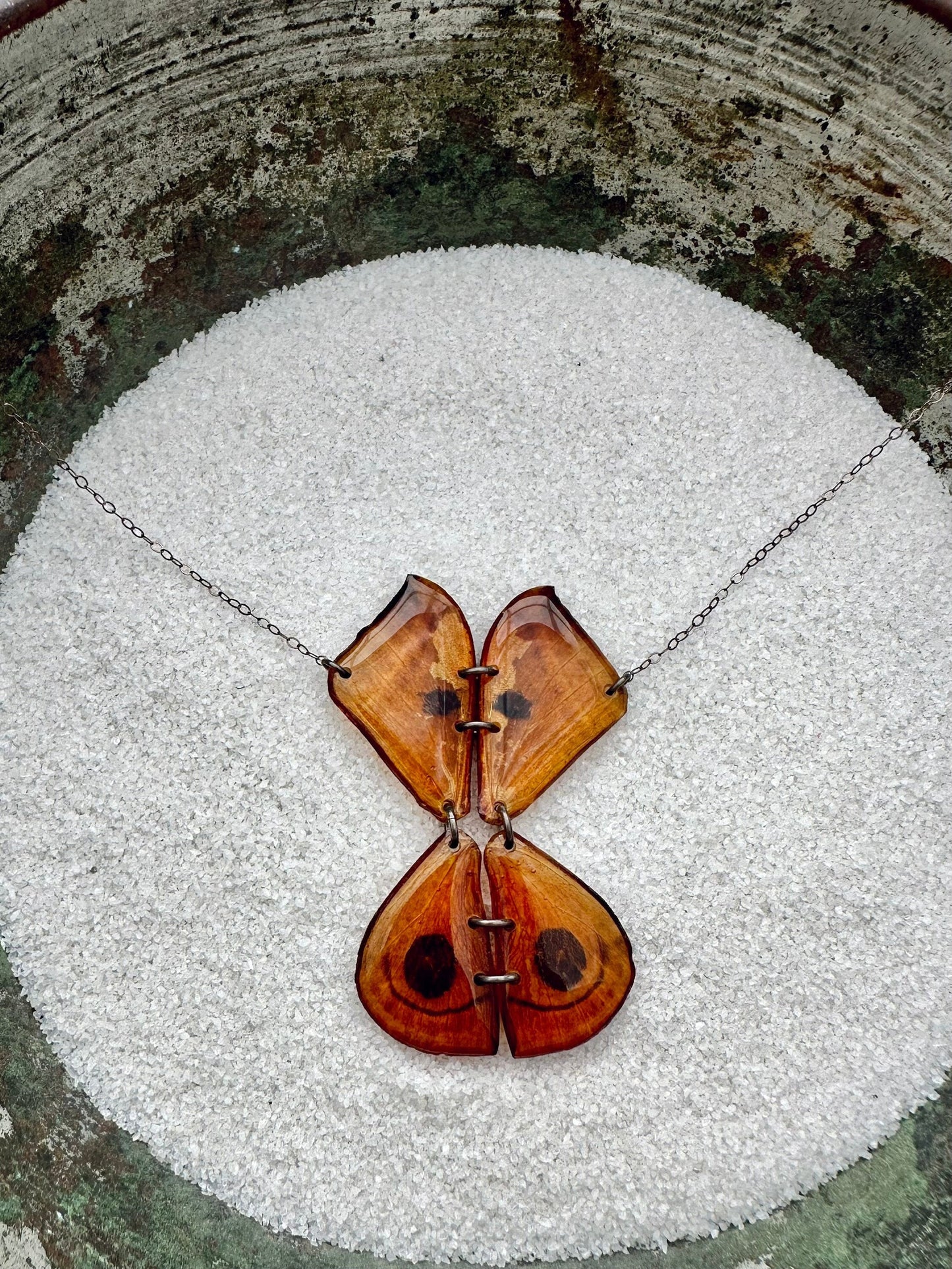 OOAK • Real IO Moth (Julia Butterfly) Butterfly Necklace • Folded in Prayer • Sterling Silver