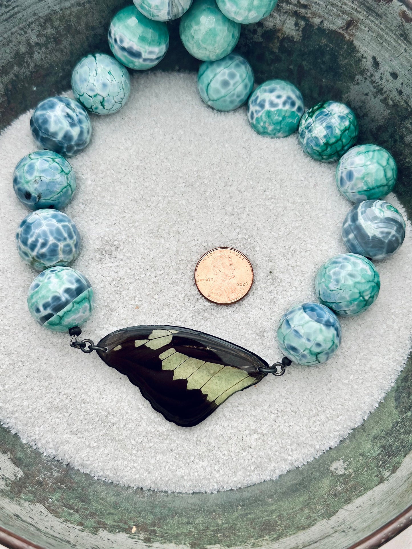 Real Green Apple Swallowtail Butterfly Necklace (Papilio phorcas) with Giant Faceted Blue Lace Agate Beads and Sterling Silver