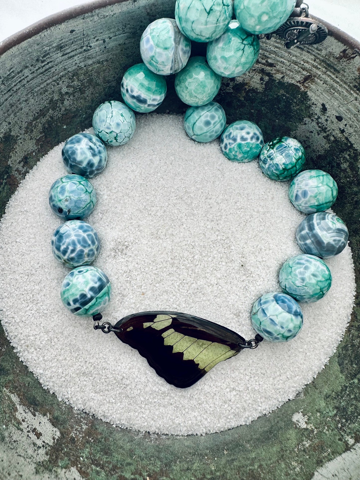 Real Green Apple Swallowtail Butterfly Necklace (Papilio phorcas) with Giant Faceted Blue Lace Agate Beads and Sterling Silver